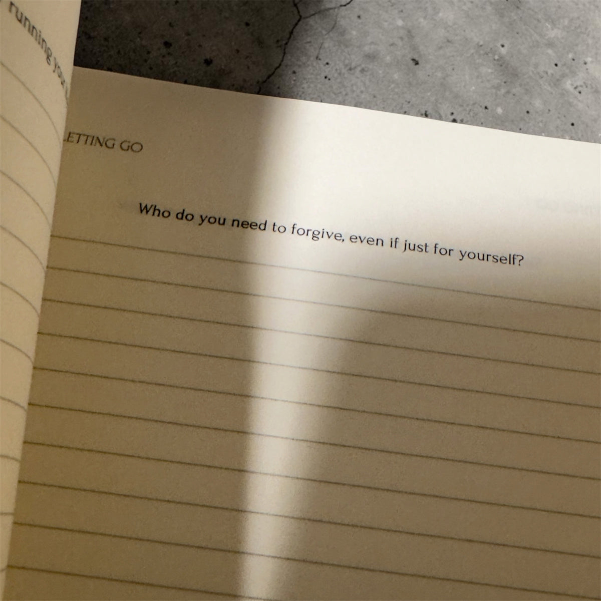 An open lined journal or notebook page with printed text, photographed on a concrete floor under direct sunlight.